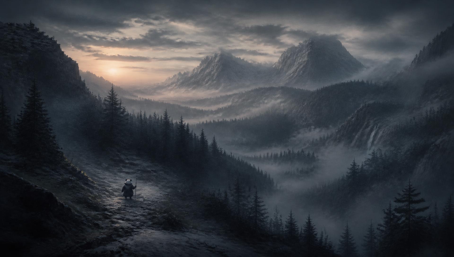 A vast fog-filled northern valley with a small figure walking a distant path