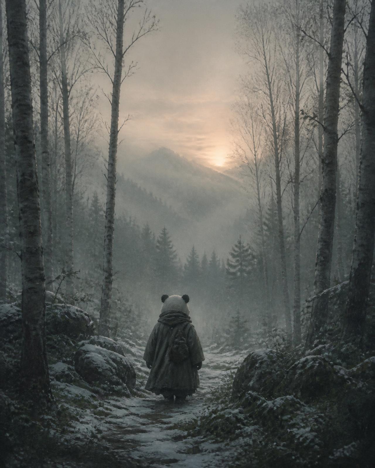 A small cloaked wanderer seen from behind on a snowy forest path